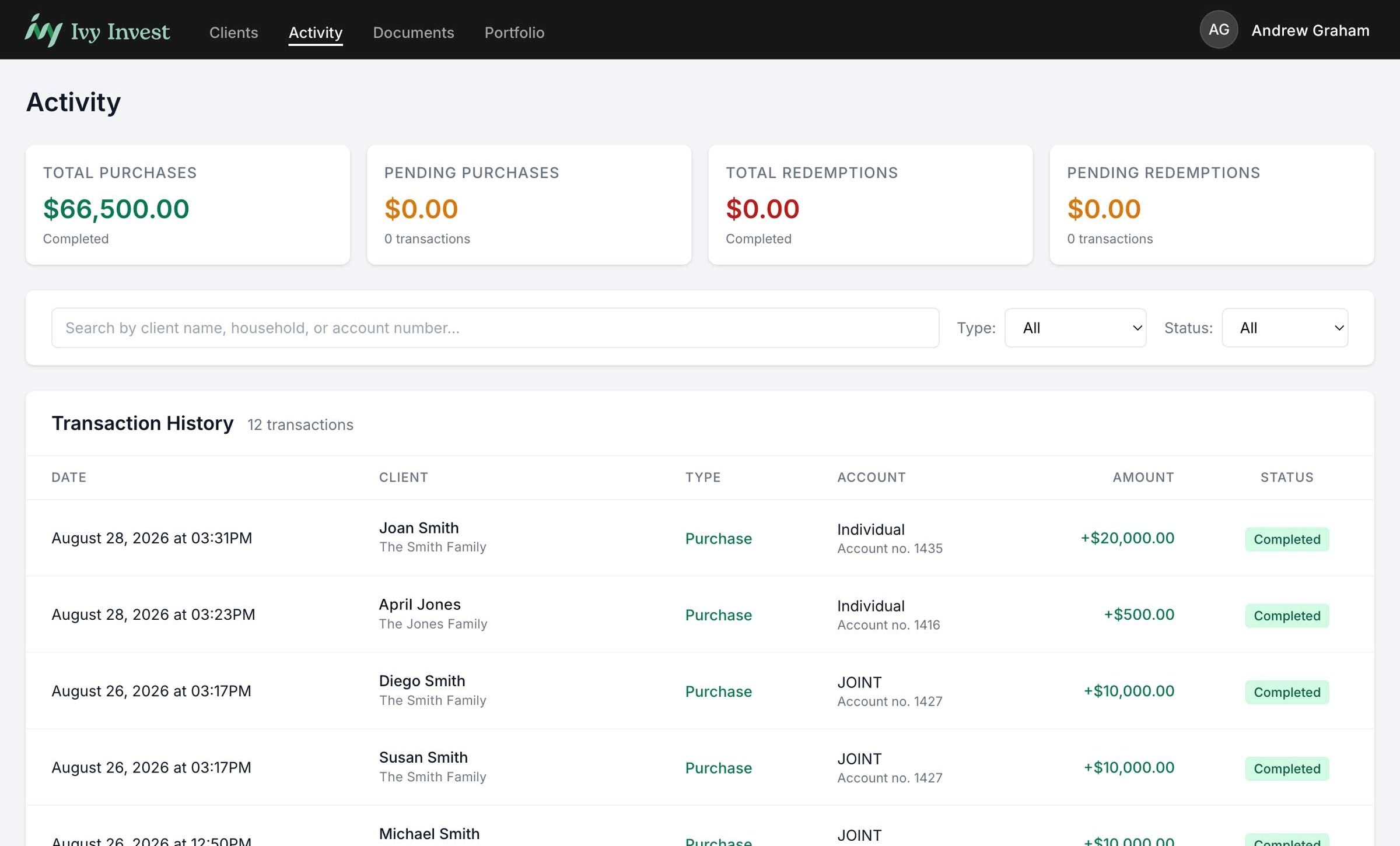 The advisor portal's Activity screen, showing purchase and redemption totals above a transaction history.